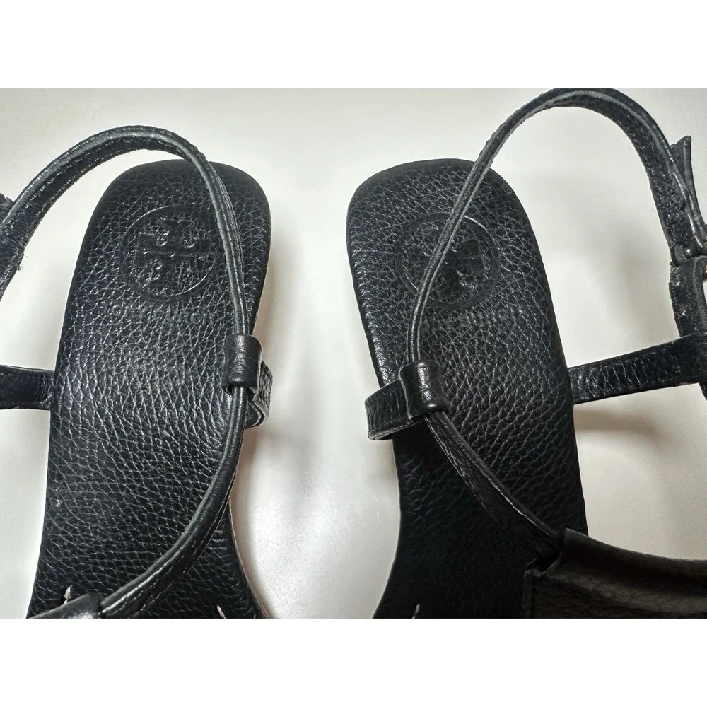 Tory Burch SIZE 7.5 Britton Black Leather Thong Wedge Sandals Cork Heels Logo